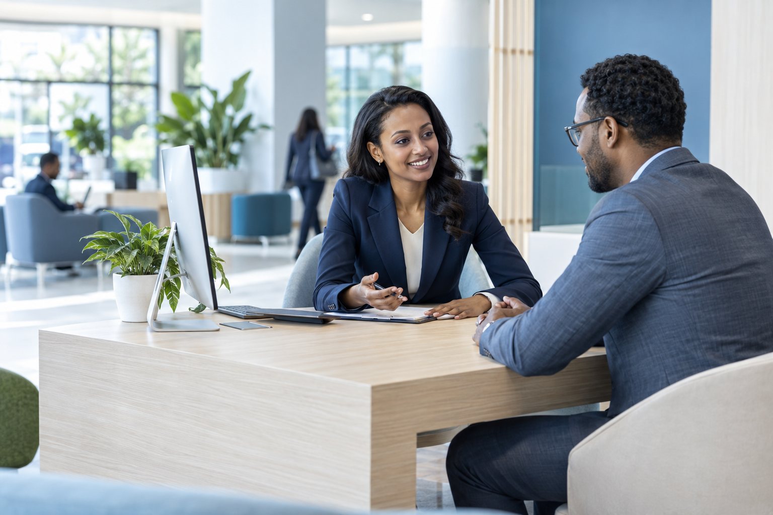 A banking adviser meeting a customer in a bright, modern branch